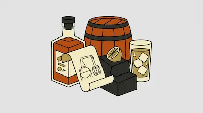 A bottle of amber liquid, a wooden barrel, a glass with ice, a lemon, and a scroll with a distillery diagram.