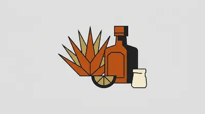 A stylized graphic of an agave plant, a bottle of tequila, a lime wedge, and a shot glass.