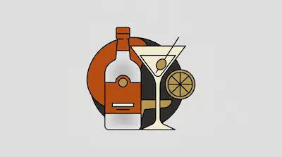 A liquor bottle and a martini glass with an olive and a citrus slice against a circular background.