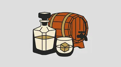 A decanter and a glass with an ice cube sit in front of a wooden barrel with a tap.