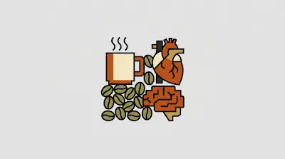 A steaming coffee mug, a human heart, a human brain, and coffee beans are clustered together.