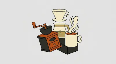 A manual coffee grinder, a pour-over dripper, a carafe, and a steaming mug of coffee.