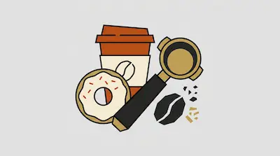 A coffee cup, a donut, an espresso portafilter, and a coffee bean.