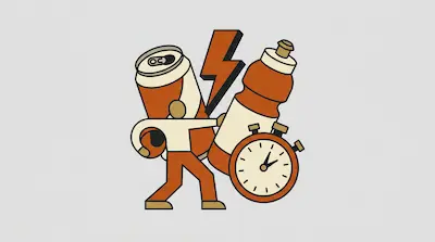 Flat illustration of a stylized person standing between an energy drink can, a sports bottle, and a stopwatch.