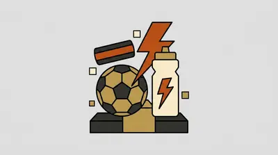 A soccer ball, a squeeze bottle with a lightning bolt on it, a sweatband, and a lightning bolt.