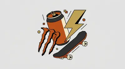 An open beverage can, three claw marks, a lightning bolt, and a skateboard.