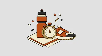 A squeeze bottle, a stopwatch, a running shoe, and a folded towel.