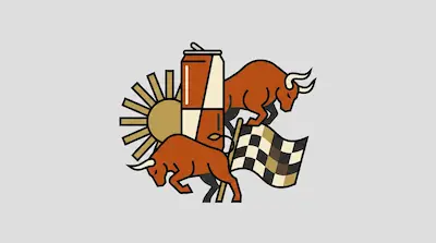Flat illustration of two charging bulls, a checkered racing flag, a sun, and a beverage can on a gray background