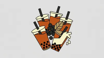 Flat illustration of several cups of bubble tea with black straws and tapioca pearls on a light gray background