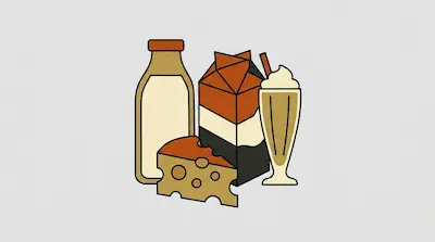 Flat illustration of a milk bottle, a carton, a slice of Swiss cheese, and a milkshake on a light gray background