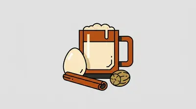 A foamy mug with a handle, an egg, a rolled spice stick, and a small round seed or nut grouped together.