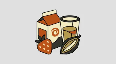 A milk carton with a swirl logo, a strawberry with dark leaves, a glass half filled with liquid, and an elongated pod.