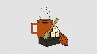 Flat illustration of a steaming orange mug, a wooden spoon, sugar cubes, and a cocoa pod on a light gray background