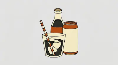 Flat illustration of a soda bottle, a can, and a glass of dark liquid with ice and a striped straw on a gray background