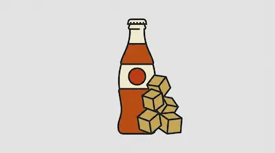 Flat illustration of a brown soda bottle with a red label next to a pile of sugar cubes on a light gray background