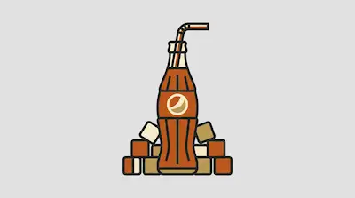 Flat illustration of a brown soda bottle with a straw, surrounded by sugar cubes on a light gray background