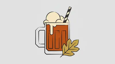 Flat illustration of a root beer float in a glass mug with a striped straw and a yellow autumn leaf on a gray background