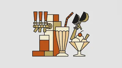 Flat illustration of a soda fountain, a tall milkshake with a straw, and an ice cream sundae with a cherry on top.