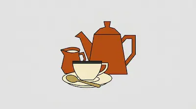 A brown teapot and creamer pitcher next to a cream-colored cup and saucer with a spoon.