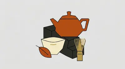 Flat illustration of a brown teapot, a white bowl, and a bamboo whisk arranged on dark blocks over a gray background