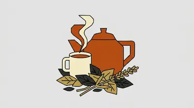 A brown teapot and a cream-colored mug with rising steam are surrounded by stylized leaves and a sprig of grain.