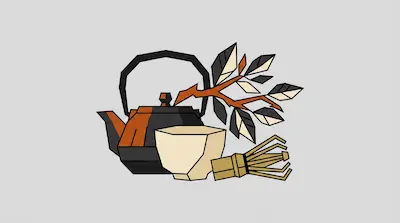 A geometric tea set featuring a black and orange teapot, a cream-colored bowl, a bamboo whisk, and a leafy branch.