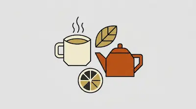A steaming mug of tea, a teapot, a tea leaf, and a lemon slice.