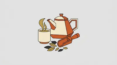 A geometric orange and cream teapot, a steaming cup, a wooden scoop, and loose tea leaves.