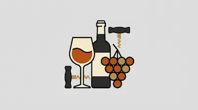 A wine bottle, a glass of wine, a bunch of grapes, and two corkscrews.