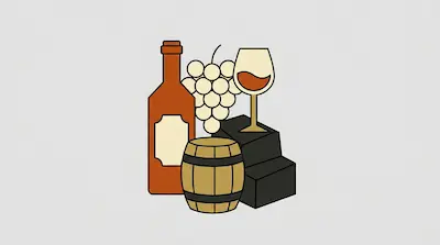 A brown wine bottle, a bunch of grapes, a glass of wine, and a small wooden barrel.