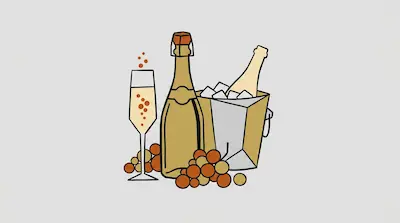 Flat illustration of a champagne bottle, a filled flute, and an ice bucket with grapes on a light gray background