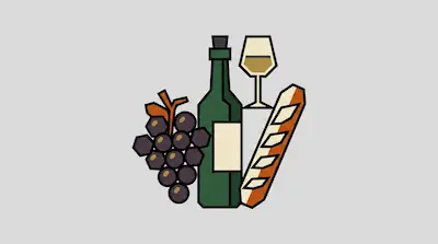 A bunch of grapes, a wine bottle, a wine glass, and a baguette in a geometric illustration style.