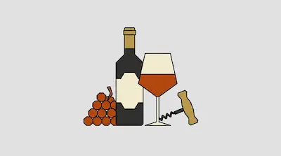 A dark wine bottle, a glass of amber wine, a cluster of grapes, and a corkscrew.