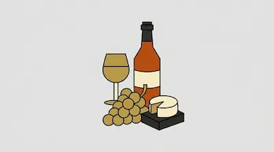 A wine bottle, a glass of wine, a bunch of grapes, and a wheel of cheese on a board.