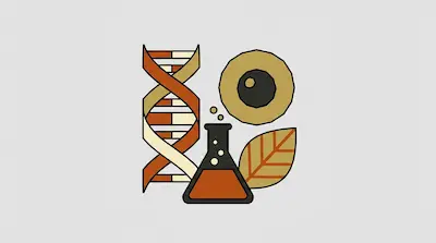 A DNA double helix, a petri dish, a laboratory flask, and a leaf are grouped together in a minimalist graphic.