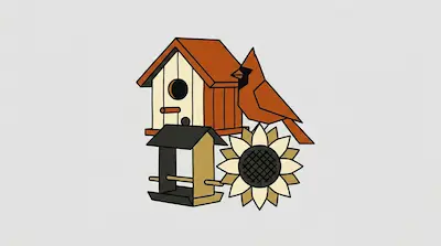 Flat illustration of a wooden birdhouse, a red cardinal, and a large sunflower against a plain light gray background