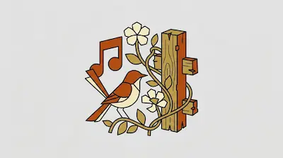 Flat illustration of a brown bird perched near a wooden post with flowers and a musical note on a light background