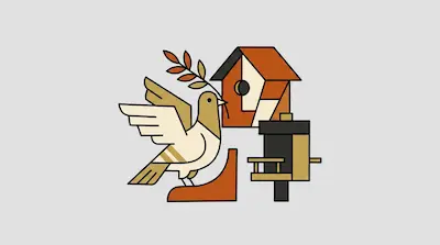 Flat illustration of a bird carrying a leafy branch next to a birdhouse and a feeder on a light gray background