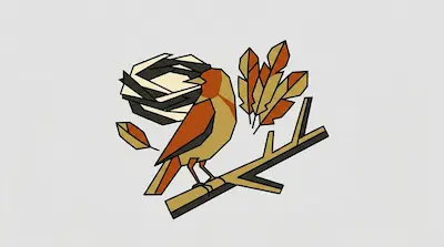 Flat geometric illustration of a brown bird perched on a branch with autumn leaves and a nest on a gray background