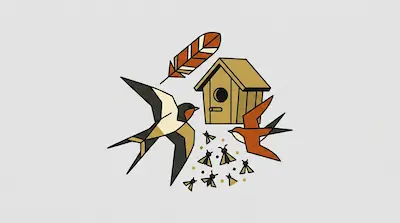 Flat illustration of two swallows, a wooden birdhouse, a feather, and small insects on a light gray background