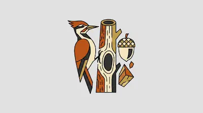 Flat illustration of a woodpecker perched on a tree trunk next to an acorn and wood chips on a gray background