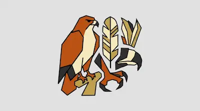 A geometric, earthy-toned hawk perched on a branch, surrounded by separate depictions of its feather, wing, head, and talon.