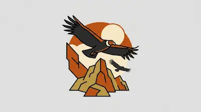 Two condors soaring with outstretched wings above a geometric mountain peak against a burnt orange sun disc on a light gray background.