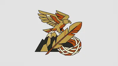 A stylized bird of prey flies above a mountain range, a large feather, and a woven nest.