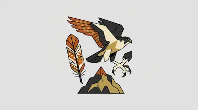 A geometric falcon flies above a mountain peak next to a large, patterned feather.