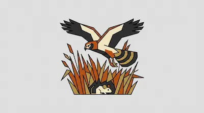 A harrier with outstretched wings and ring-tailed plumage diving toward a field mouse hidden in tall grass on a light gray background.