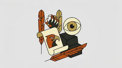 Stylized graphic elements featuring a scroll with an eagle head, a large eye, a bird's talon, and three feathers.