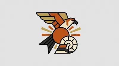 A kite bird of prey with forked tail and curved beak soaring beside a geometric snail shell and a radiating sun disc on a light gray background.