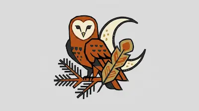 A stylized owl perched on a pine branch with a crescent moon and a feather.