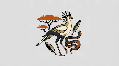 A secretarybird with black crest feathers and long legs standing beside a coiled snake, a thorny acacia tree, and a quill pen on a light gray background.